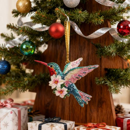 Yousheng Hummingbird Christmas Ornaments Glitter Rhinestones Floral Hummingbird Ornaments for Christmas Tree 2D Acrylic Keepsake Gifts for Bird Lovers