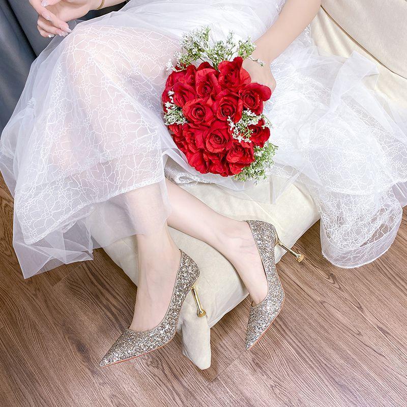 Fashion thin heels high heels not tired feet wedding shoes French bride wedding shoes high sense sequins bridesmaid shoes 2025 new