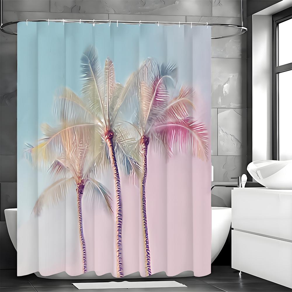 Tropical Plant Shower Curtain, Sunset Turquoise Palm Shower Curtain Summer Beach Bathroom Decorative Shower Curtain, Waterproof