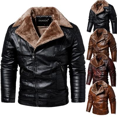 Mens Thick Leather Jackets Winter Autumn Fashion Motorcycle Jacket Faux Fur Collar Windproof Warm Coat Fleece Jackets