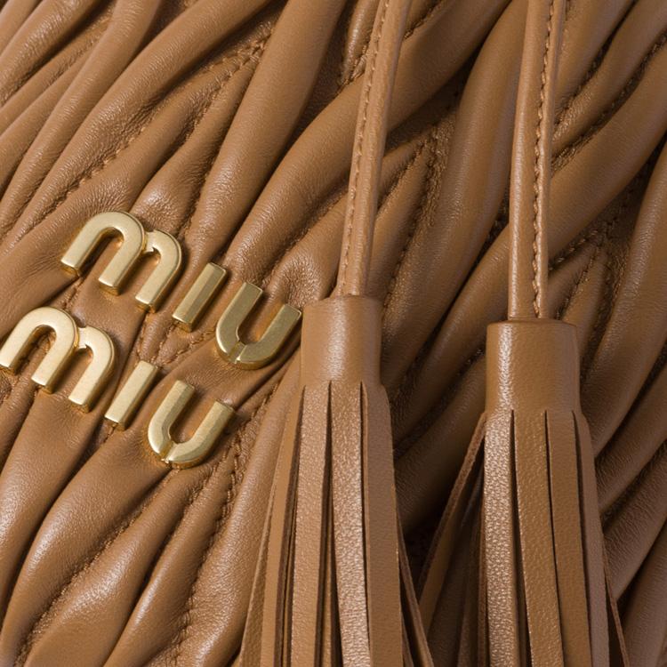 Miu Miu Matelassé Metal Logo Drawstring Closure Napa Leather Bucket Bag Women bags Caramel 5BE085-N88-F098L-V-OOO