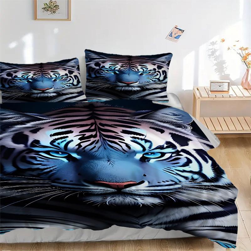3pcs Tiger Print Bedding Set - 1 Duvet Cover + 2 Pillowcases(Core Not Included), Machine Washable Polyester Yy251216118