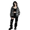 Y2K Millennium Stil Schwarz Grau Gestreifter Hoodie Damen Locker Reißverschluss Streetwear
