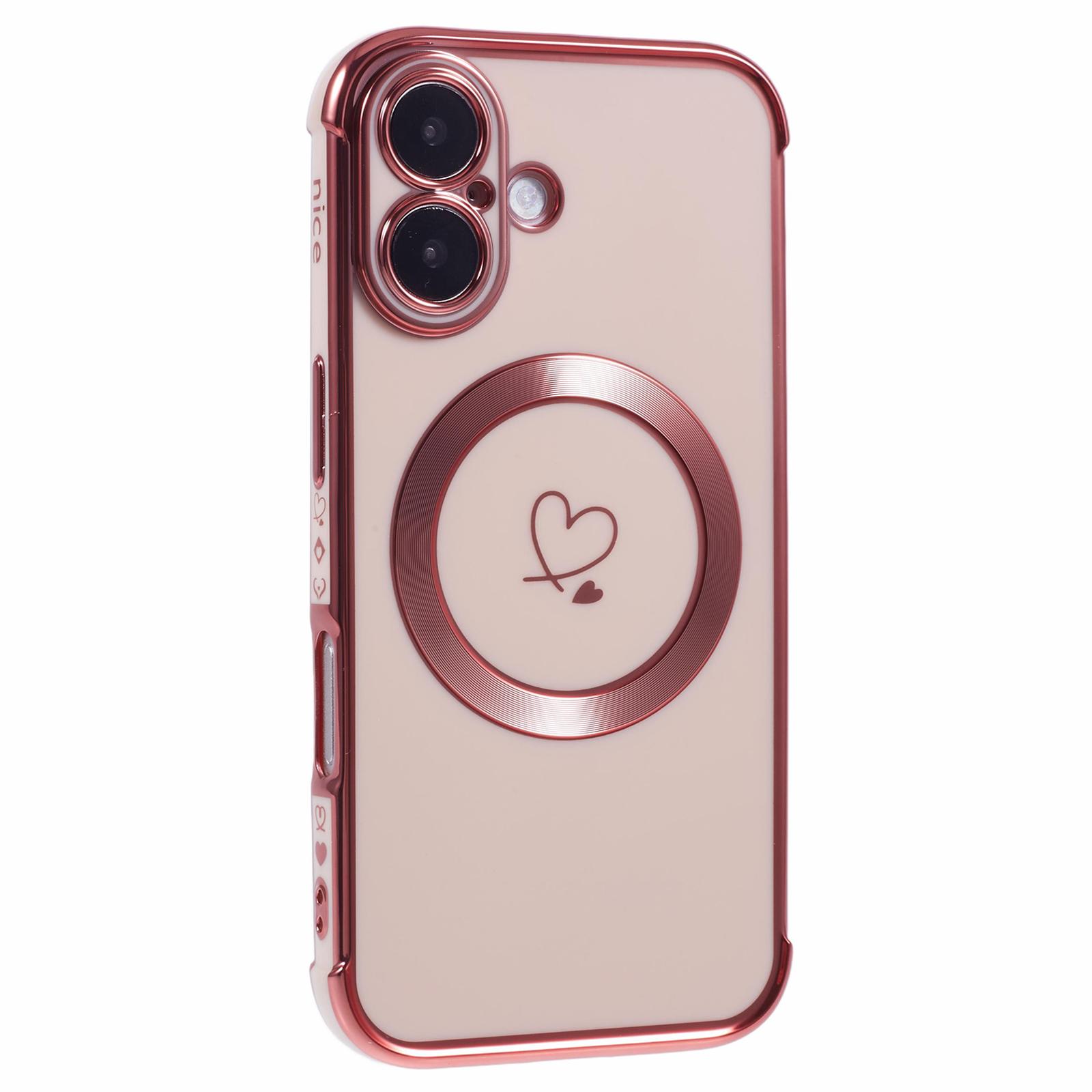 

For iPhone 16 Case Compatible with MagSafe Electroplated TPU Phone Cover Hollow Love Hearts Rose Pink