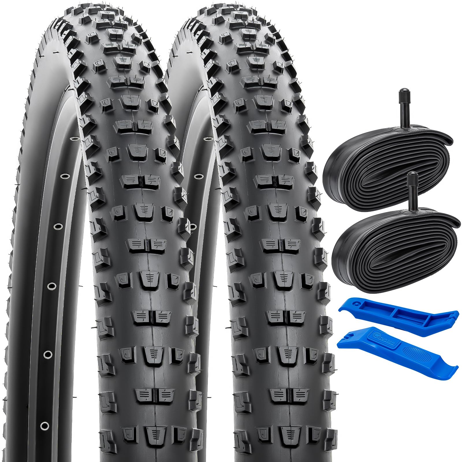 

YunSCM Set of 2, 27.5x2.25 Tires, 27.5x2.25 57-584 Bicycle Tires + 27.5x1.75/2.40 Tubes with 32mm American Valves + Rim Tape + Tire Levers, Y-2114