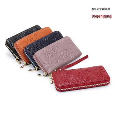 Camellia Women's Genuine Leather Long Wallet, Large Capacity Clutch for Phone and Cash