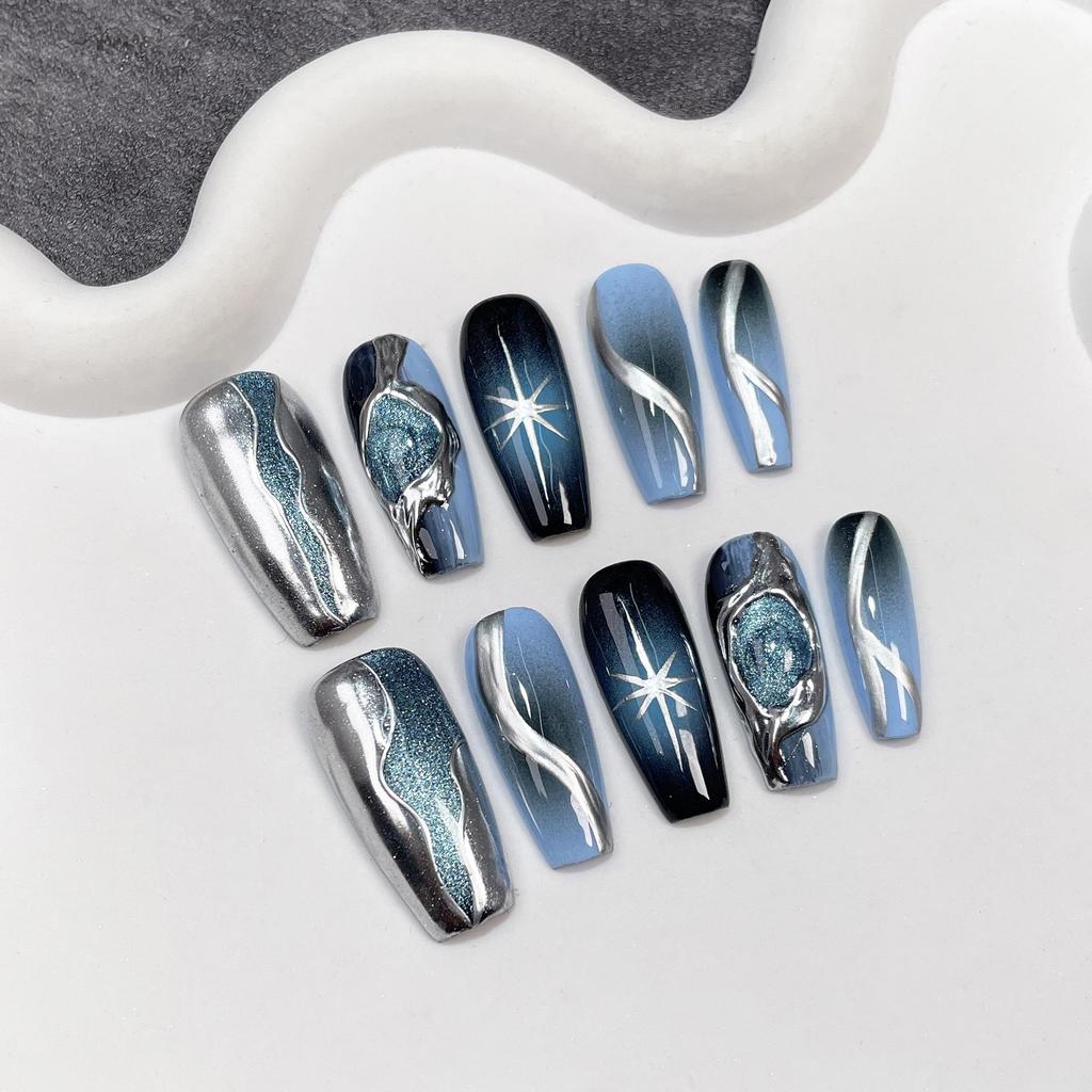 Handmade Black & Blue Gradient Cat's Eye 3D Nail Art Stickers - Medium To Long Wearable Nail Patches