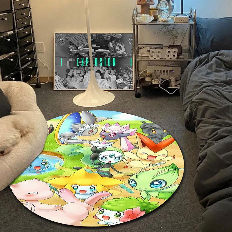Jirachi and Mew Pokémon Mythical Friends Gathering in a Meadow Round Rug, Pastel Fairy Cartoon Style Design, Soft Non-Slip Washable Area Mat