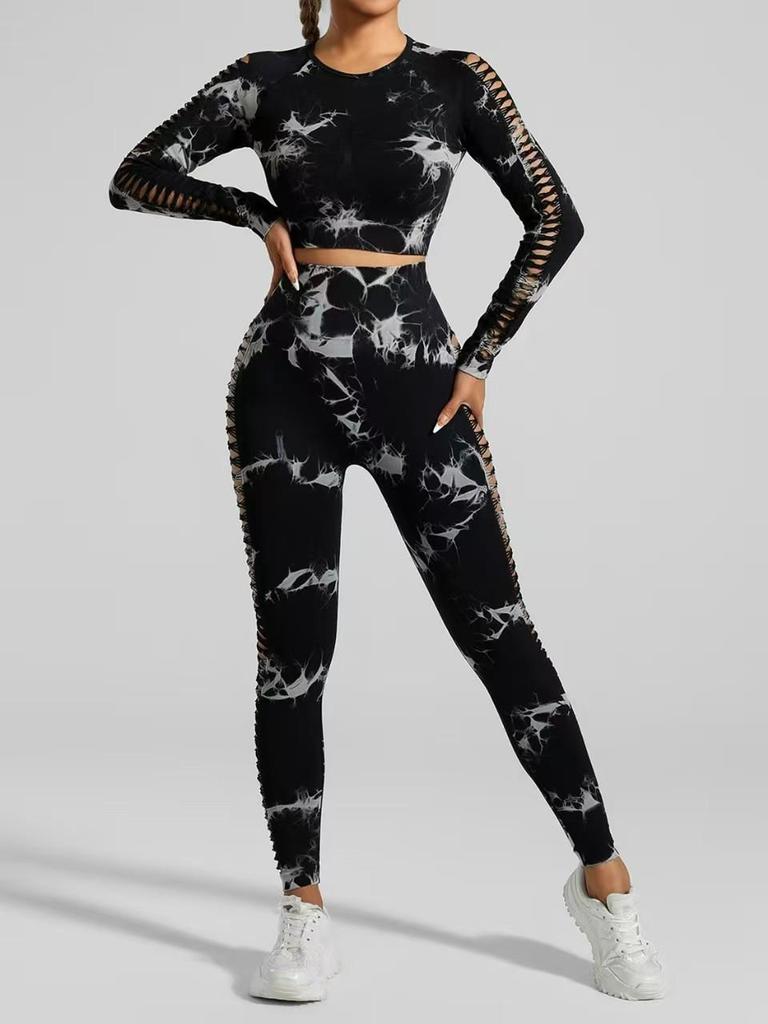 Cross-border Tie-dye Quick-dry High-waisted Yoga Set: Long Sleeve & Side Cut-out Pants