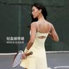 Casual Sports Dress Set Piece: Color-Blocking Tennis Dress with Bra Pads, Thin Shoulder Straps, Back Cut-Out, and No-See-Through Coverage
