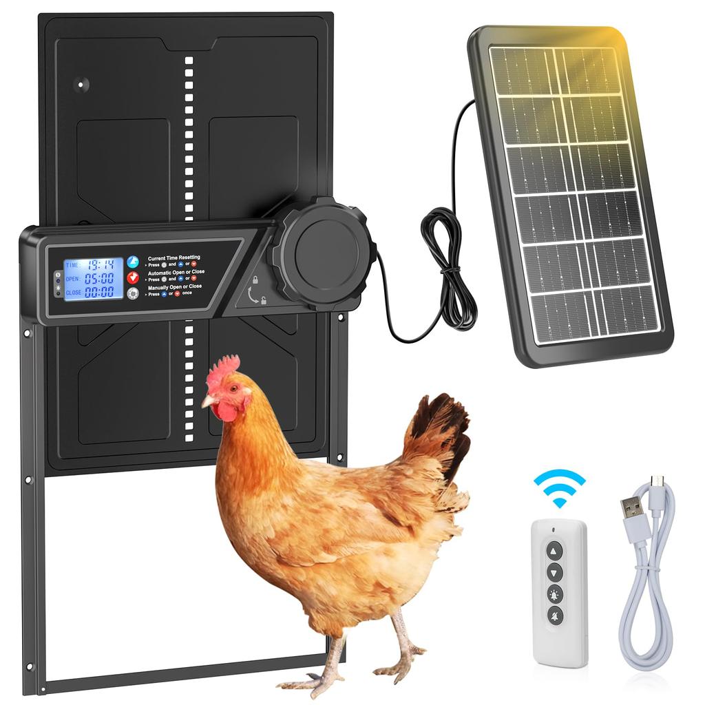 Automatic Chicken Coop Door Solar Powered, LCD Display Automatic Chicken Door with Timer Aluminum Alloy Chicken Door with Remote