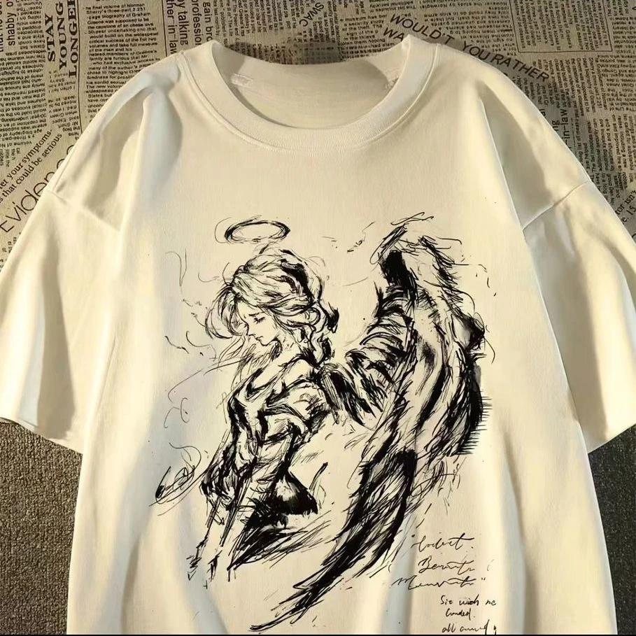 

Summer New Retro High Street Dark Half Sleeve Wing Graphic Print Premium Men s Short Sleeve Crew Neck Comfortable Loose Tee S разноцветный