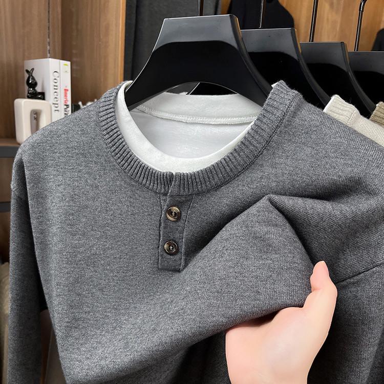 Men's Summer 2025 Heavyweight Henley Collar Two-Piece Look Short Sleeve Casual Knit Sweater