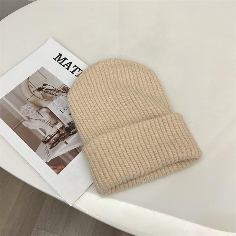 Angora Rabbit Hair Curled Brimless Wool Hat Women Autumn and Winter Warm Striped Fashion Knitted Pullover Cold Hat