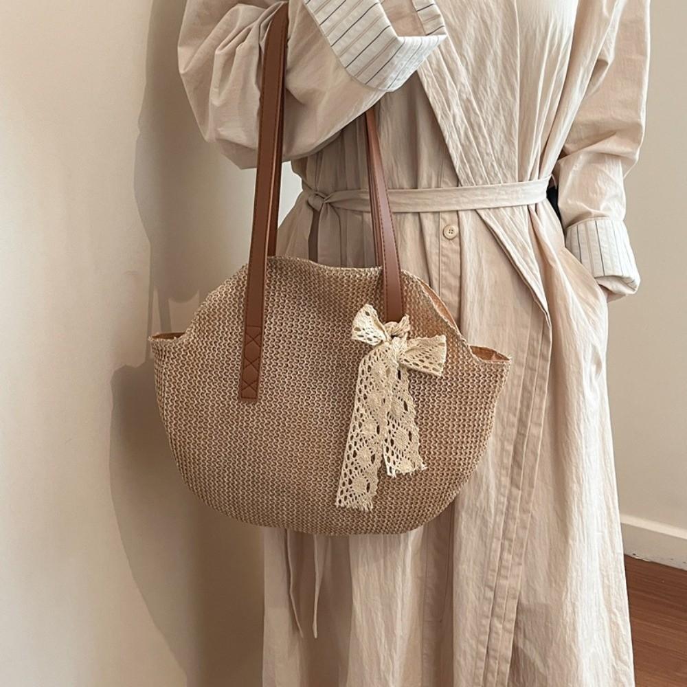 Sweet Straw Woven Tote Bag Large Capacity with Bow Ribb Commuting Shoulder Bag Lightweight Khaki Seaside Vacati Handbag