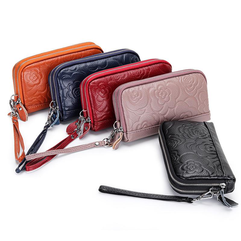 Long Women Wallet Genuine Leather Clutch Lady Purse Zipper Phone Pocket Card Holder Flowers Female Coin Purse ladies Wrist bag