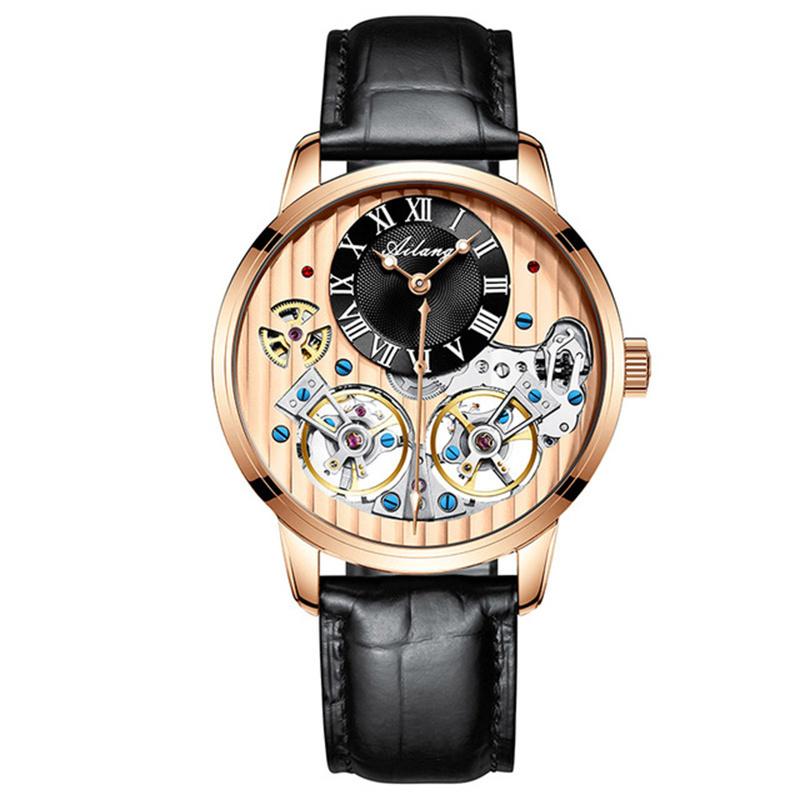 AILANG Orologi da Uomo Nero Doppio Tourbillon Cinturino in Pelle Orologi Meccanici Automatici Tourbillon Volante Impermeabile
