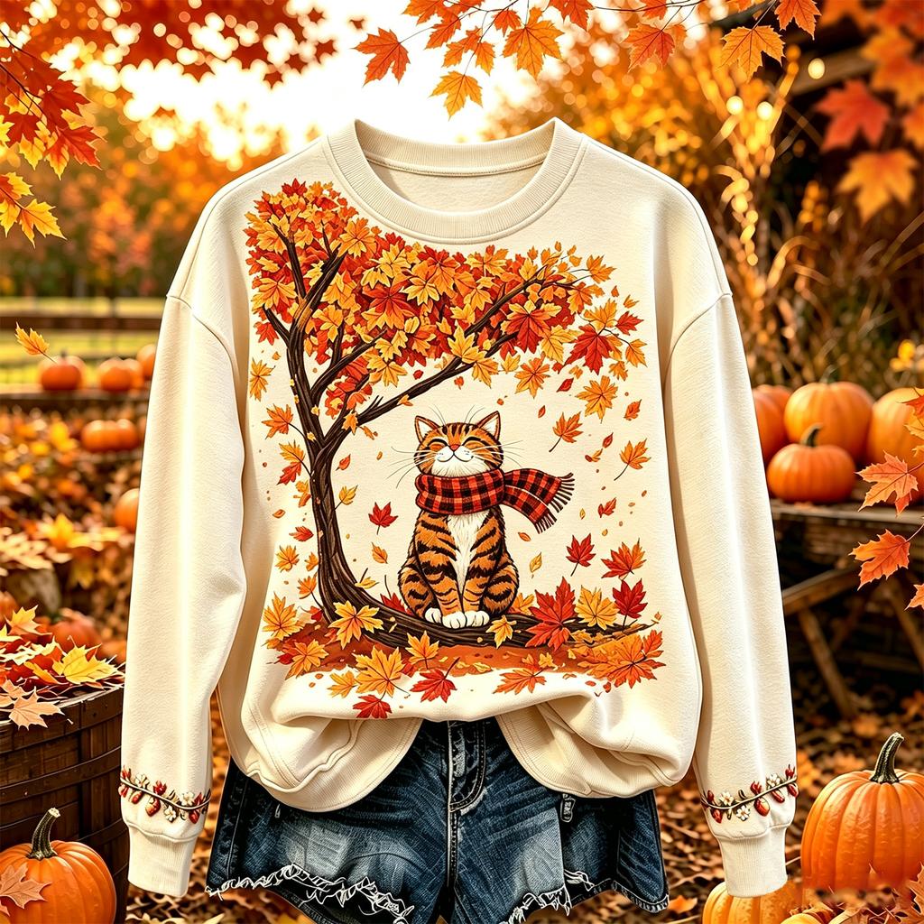 Dame Mode Langærmet Rundhalset Pullover Sweatshirt med Bladprint Afslappet Top