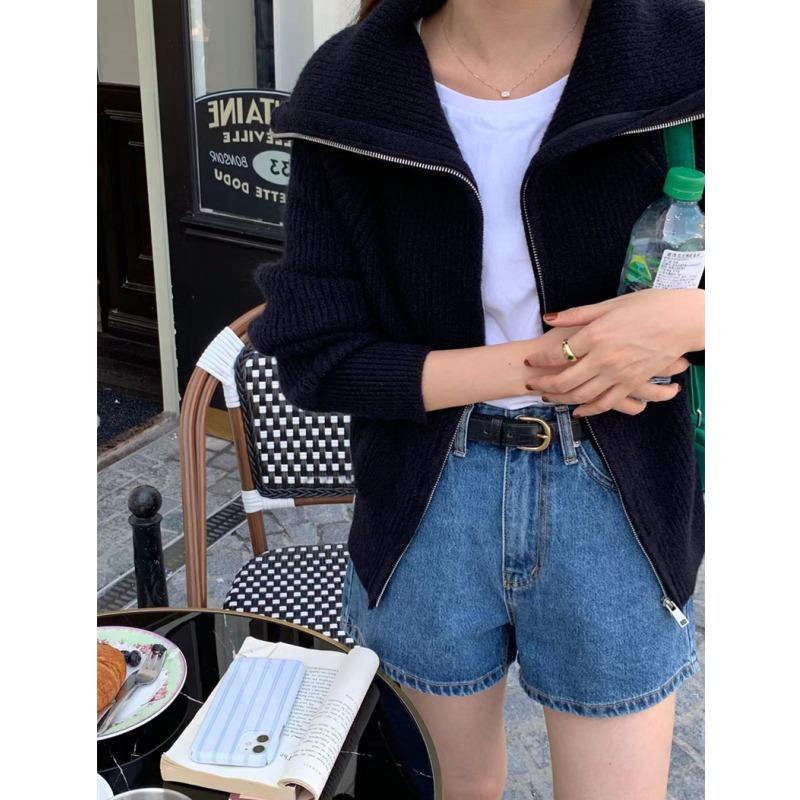 

Осень Зима Элегантный Вязаный Кардиган на Молнии Женский Свитер Длинный Рукав Повседневный Отложной Воротник Топ Однотонный Свободный Офисный Стиль Вязаная Куртка Одежда one size чёрный