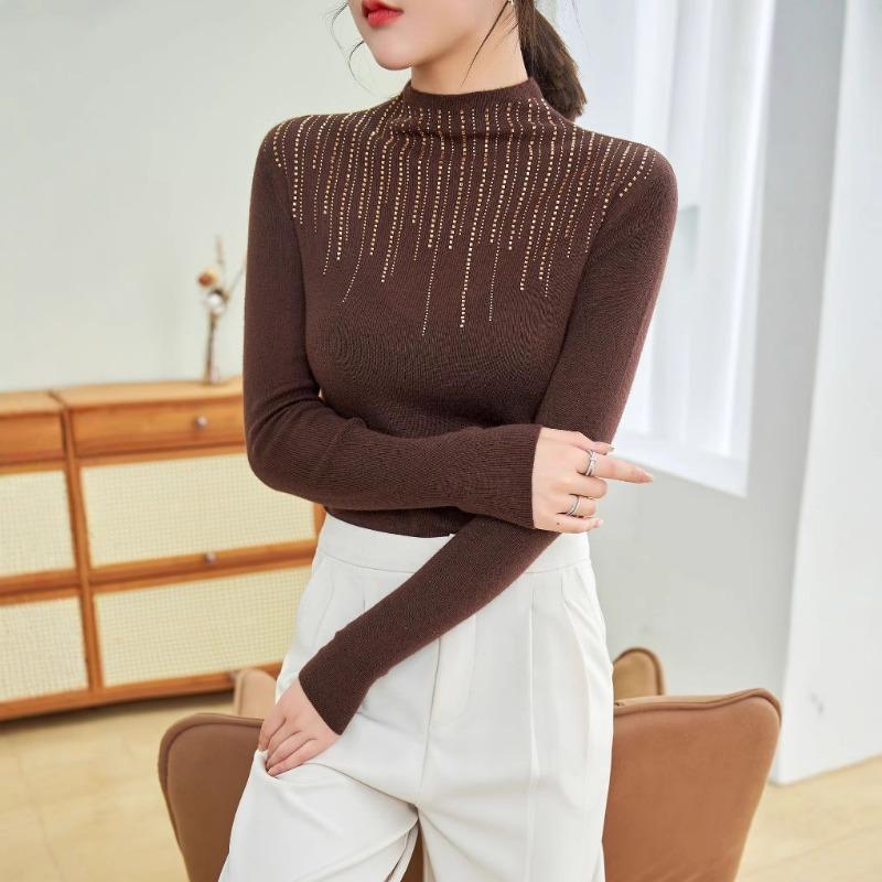 Niche design striped drill bottoming sweater women's autumn new semi-turtleneck wool knitted sweater women's inner top