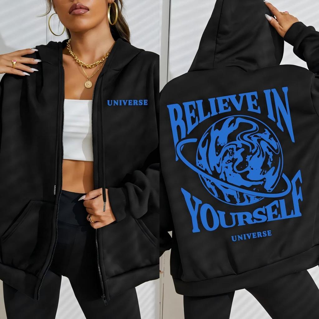 Believe In Yourself Earth Prints Zipper Hoodies Women Soft Hoodie Autumn Loose Clothings Fleece Casual Streetwear