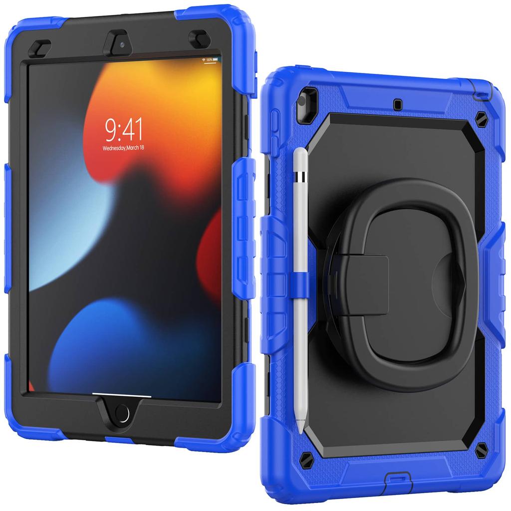 For iPad 7/8/9th 10.2'', Military Grade Shockproof Protective Silicone Cover 360 Folding Handle Grip + Handle Shoulder Strap