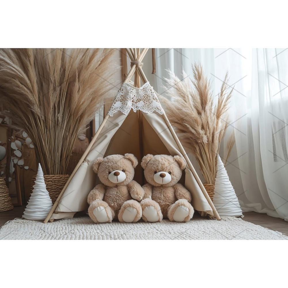 Boho Pampas Teddy Bear Photography Background Balloons Arch Tent Decor Cake Smash Baby 1st Birthday Indoor Photocall Backdrops