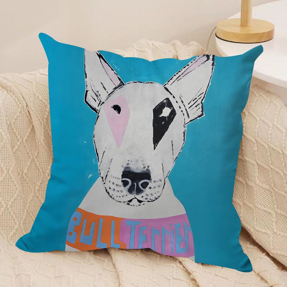 Cartoon Bull Terrier Series Cushion Cover Silky Short Plush Invisible Zipper Dustproof Sofa Pillow Case For Home Decor
