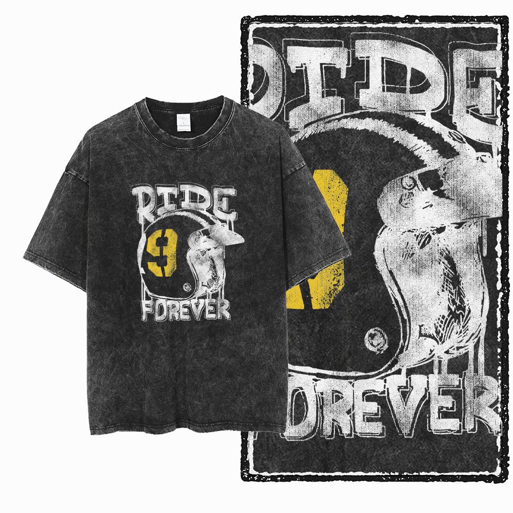 YM MOTOR CYCLE THEME Printed Cotton Acid Washed Graphic Unisex T Shirt Cool Streetwear Men Tshirts Big Size Tee for Men