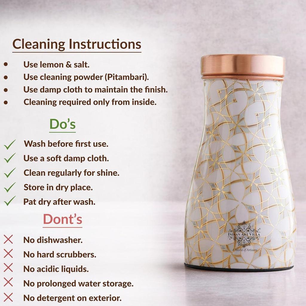 Gold Block Print Copper Water Bedroom Bottle, Designer Copper Drinkware, Volume- 950 ML