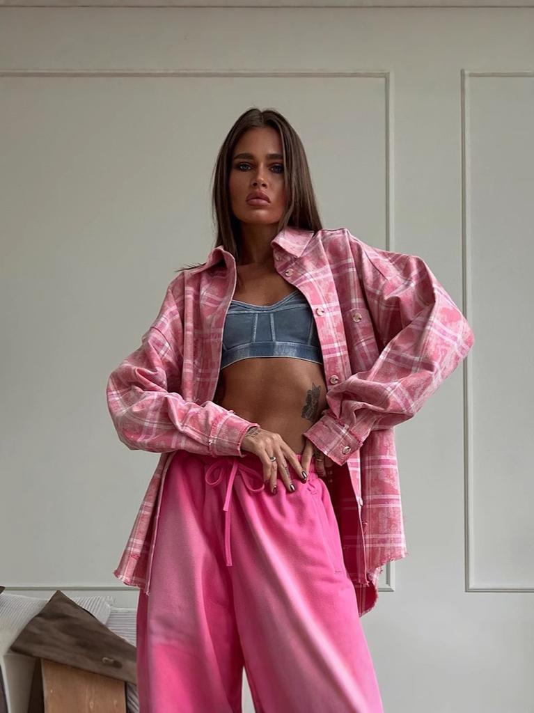 Karomuster Hemd 2026 Frühling Sommer Neu Retro Kariert Knopfleiste Oversized Shacket Rosa Vichy-Karos Hemd Damen Lässiges Oberteil