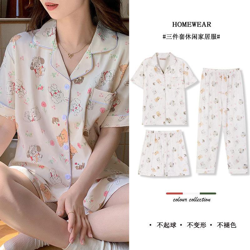 Mikko summer three-piece pajamas women's pure cotton short-sleeved trousers ins Japanese summer spring and autumn loungewear set