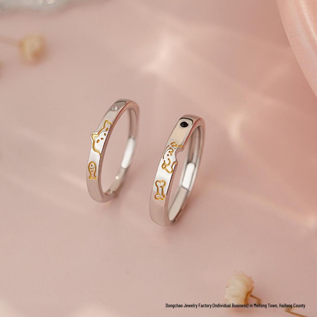 Sterling Silver S999 Sweet Meow Cat Series Couple Rings - Fresh, Playful Cartoon Gift for Girlfriend.