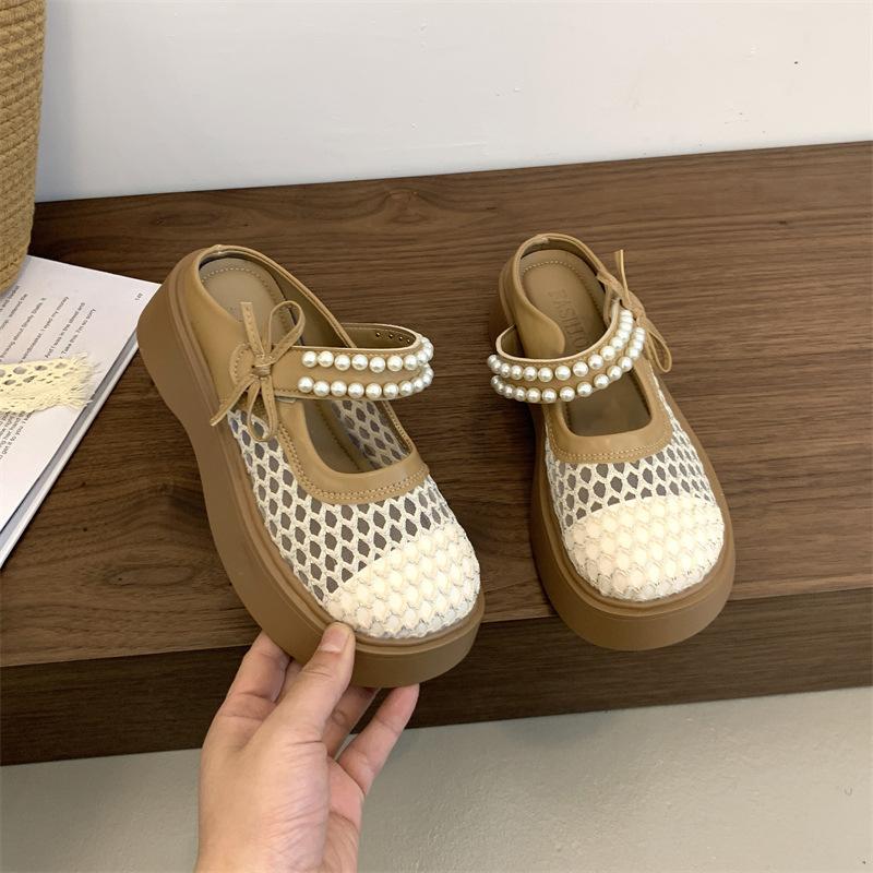 Thick-soled bag head half slippers women's outer wear 2025 new summer fashion breathable mesh slippers muffin sole height-increasing shoes