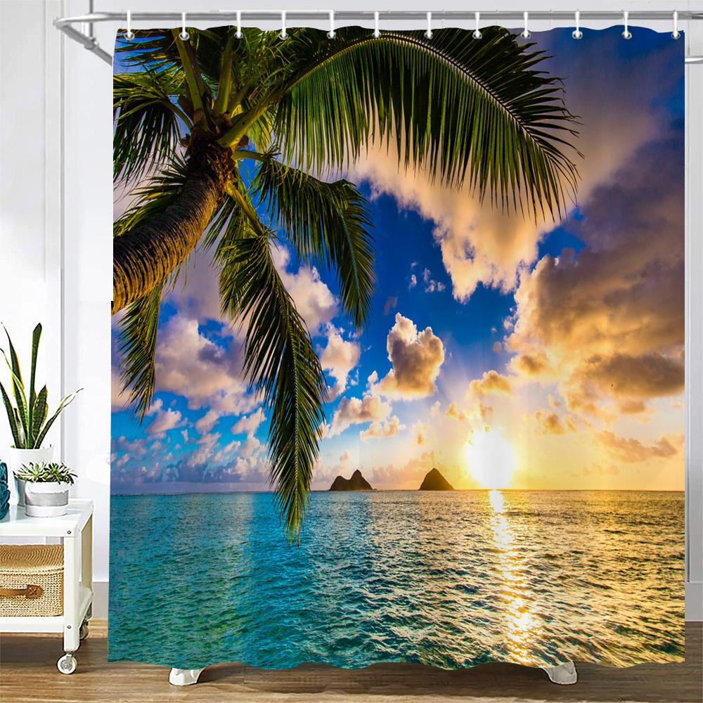 3D Seascape Beach Printed Fabric Shower Curtains Bathroom Curtain Bath Screen Waterproof Products Home Decor With Hooks