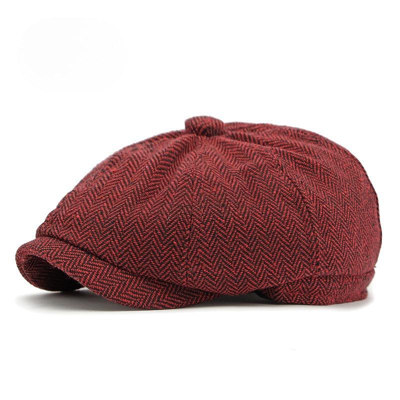

British Retro Newsboy Cap for Men Women Autumn Winter Herringbone Octagonal Hat Casual Baker Boy Cap Vintage Gatsby Flat Cap Elastic band about 56-60cm бордовий