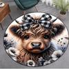 Highland Cow with Bow Round Rug Flannel Cute Animal Design Soft Washable Nursery Kids Room Play Area Floor Covering