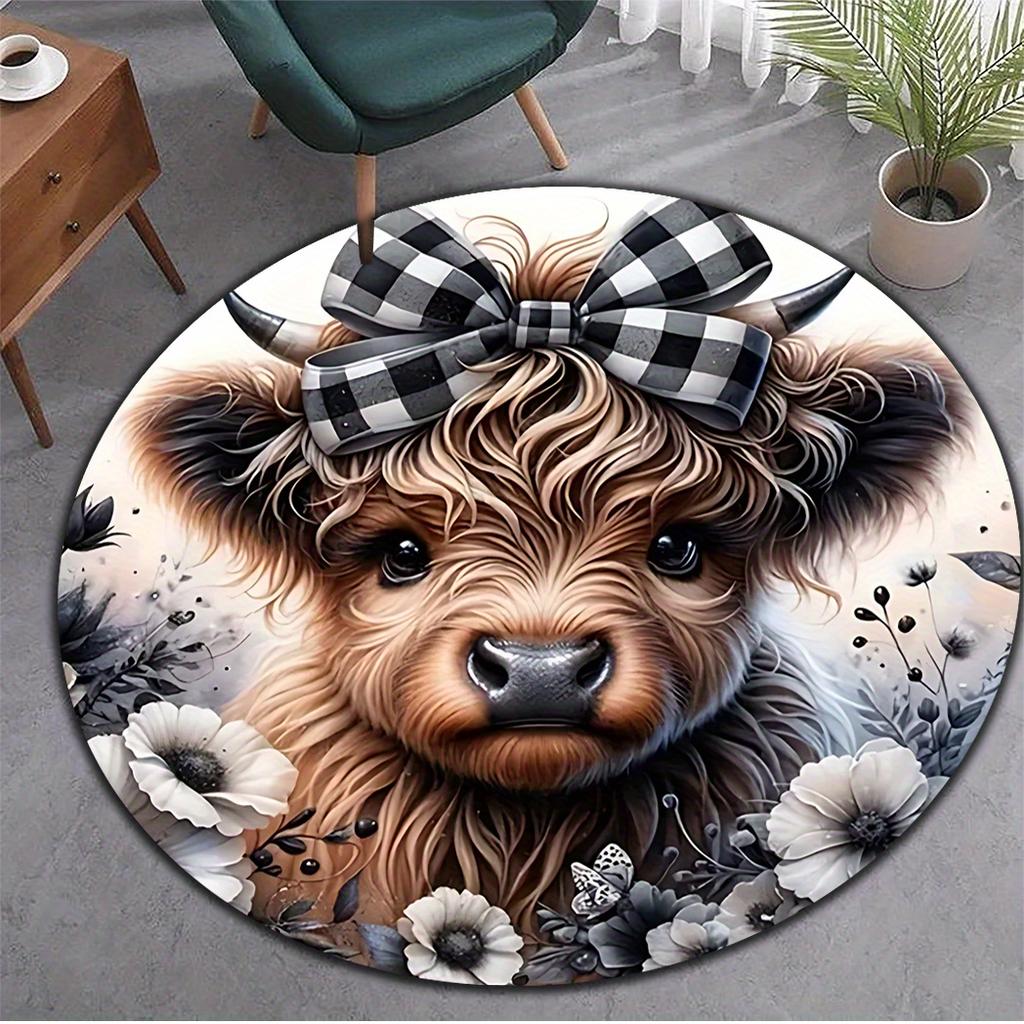 Highland Cow with Bow Round Rug Flannel Cute Animal Design Soft Washable Nursery Kids Room Play Area Floor Covering