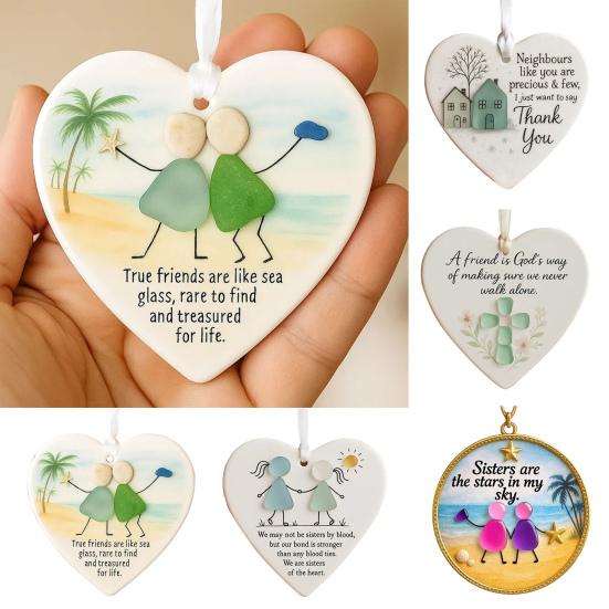 Friendship Sea Glass Christmas Ornament Round/Heart Shaped Friendship Keepsake for Best Friends Handmade Sea Glass Art Hanging Ornament