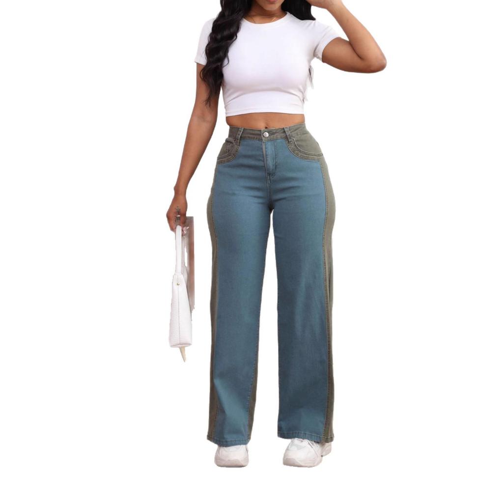 Elastic Contrast Color Washed Wide-Leg Denim Pants