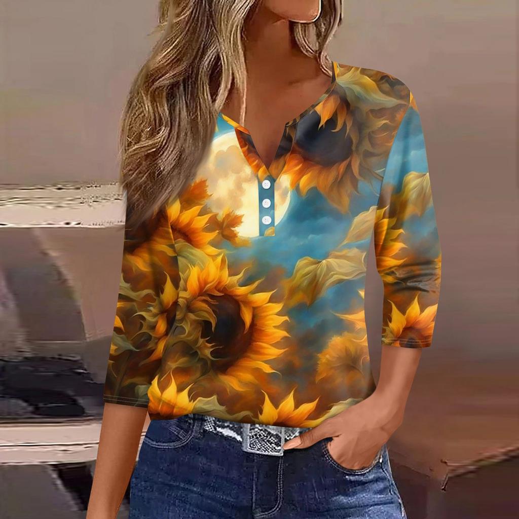 Women's T-Shirt Print Button 3/4 Sleeve Daily Weekend Fashion Basic V-Neck Regular Top