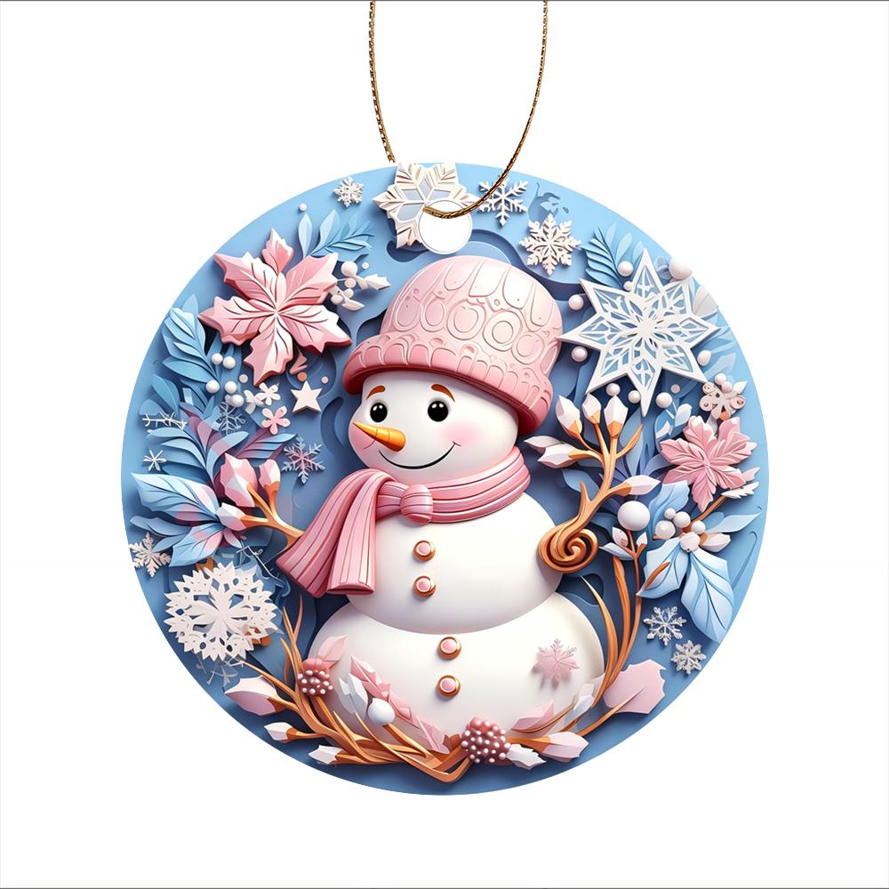 Cute pink snowman with snowflakes Acrylic Christmas Tree Ornament winter wonderland holiday hanging decoration festive party home decor xmas gift