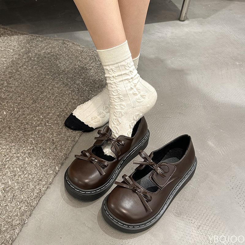 

Французский бант туфли на высоком каблуке Женские кожаные туфли на толстой подошве 2025 Британский стиль Туфли Мэри Джейн Круглый носок однотонные женские туфли 35