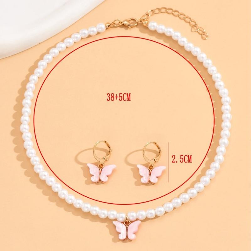 Fashion Faux Pearl Bow Pendant Necklace Earrings Jewelry Set For Women