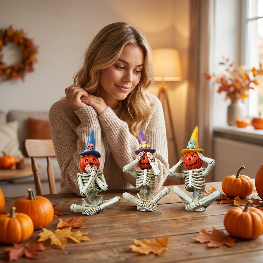 Halloween Skeleton Pumpkin Figurines Set of 3 Creative Sitting Skeleton Decorations with Witch Hats for Seasonal Home Display