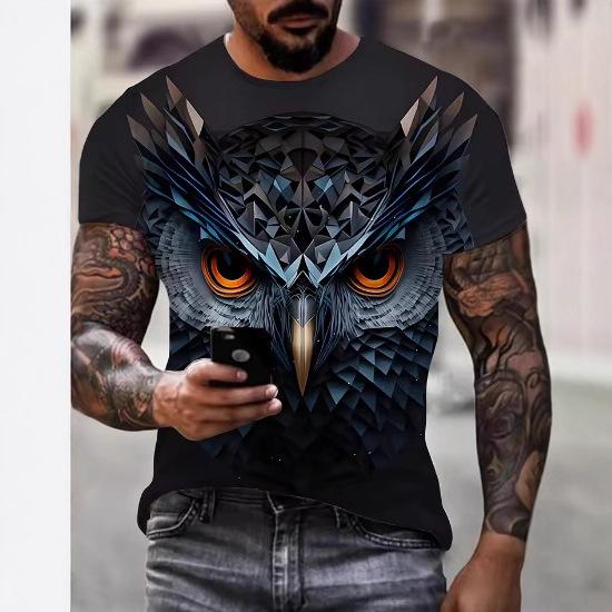 Novel Owl Pattern 3D Printed Crew Men's T-Shirt Summer Animal Oversized Shirt Men's Anime
