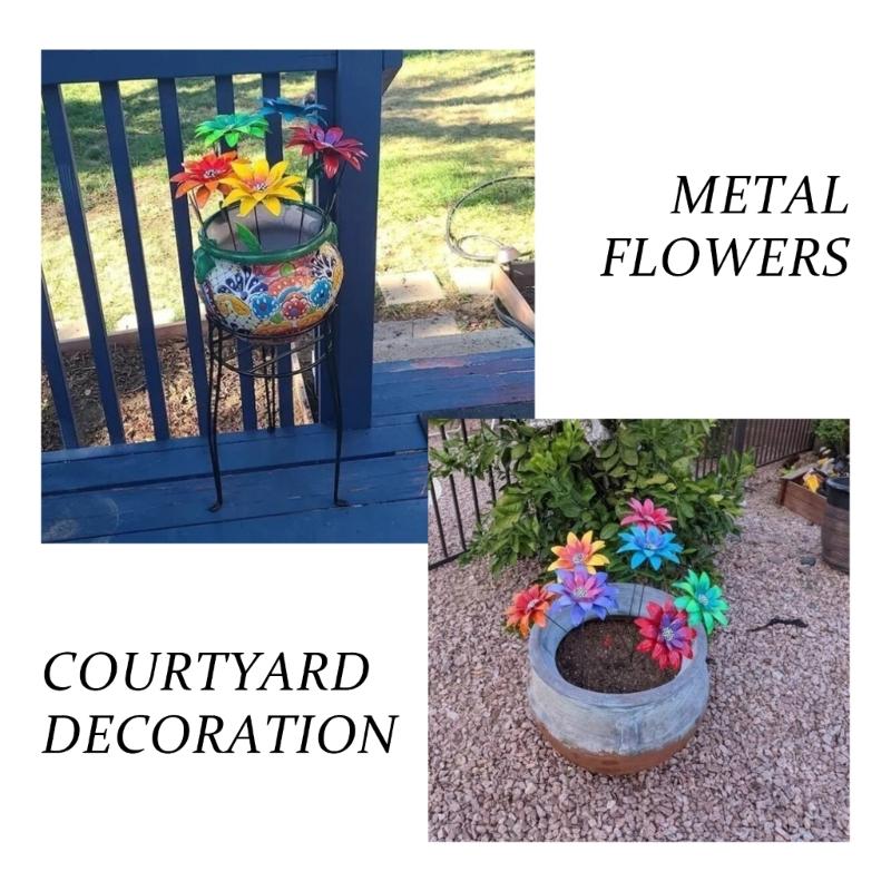 3D Flowers Garden Stake Decorations Metal Floral Stake Outdoor Yard Lawn Ornament Flowerpots Stick Ground Insert Garden