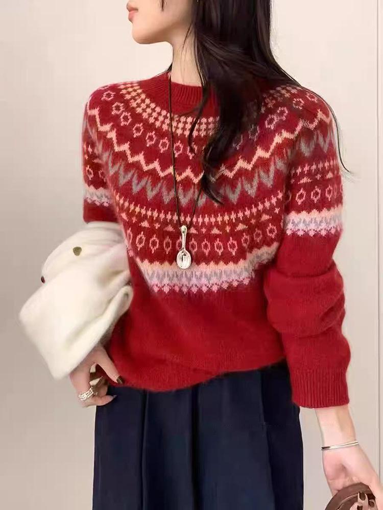 Retro Red Jacquard Knit Sweater - Korean Style Color Block Round Neck for Women