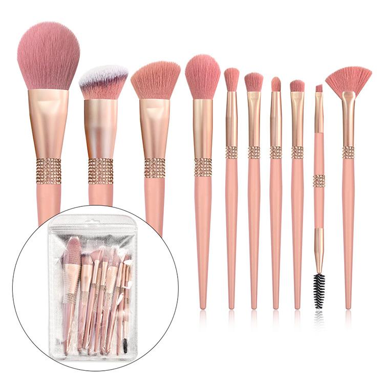 Private Label 10-Piece Makeup Brush Set in Pink with Bling Bling Handle regular size