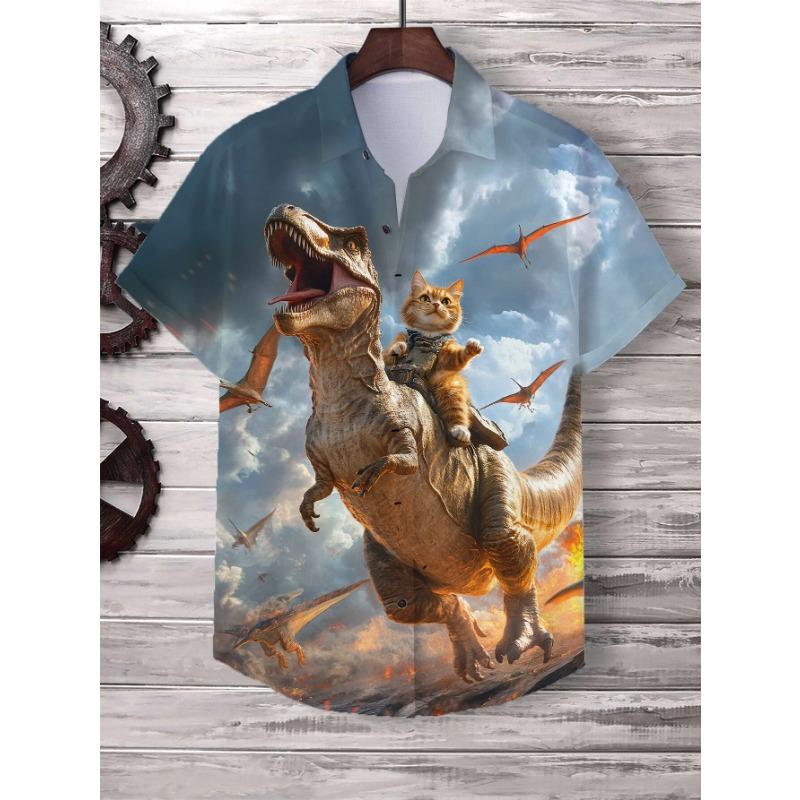 Herren Katzen Grafik Shirts Kurzarm Button-Down Revershemd für Sommer Übergroße Oberteile Urlaub Lässig Hawaiianhemden